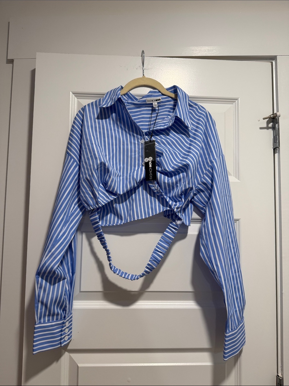 Fashion Nova Blue & White Striped Cropped Button-Up Shirt